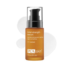 PCA Skin Total Strength serum bottle highlights premium anti-aging packaging.