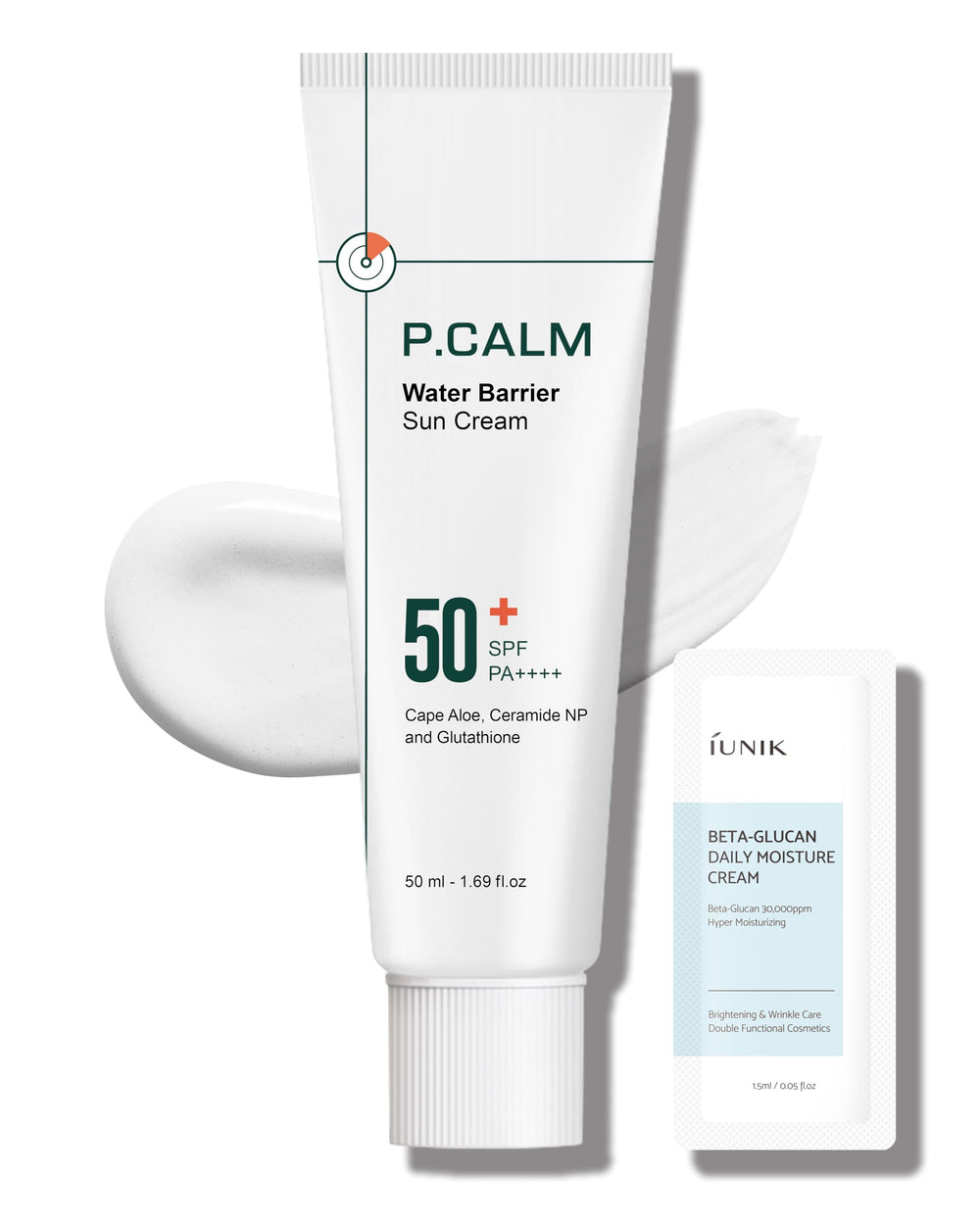 P.CALM water barrier sun cream bottle shows hydrating protection with a matte finish.