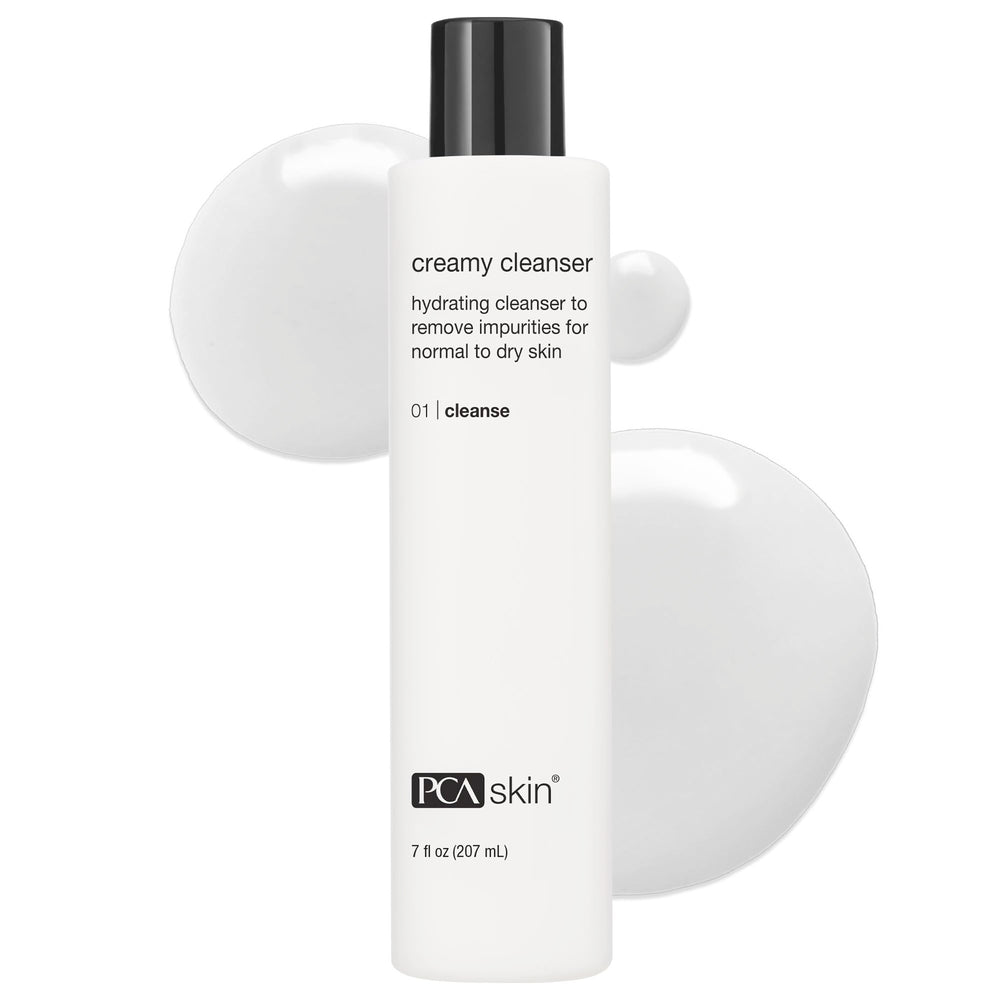 PCA SKIN Creamy Moisturizing Face Cleanser bottle showing hydrating formula for dry skin.