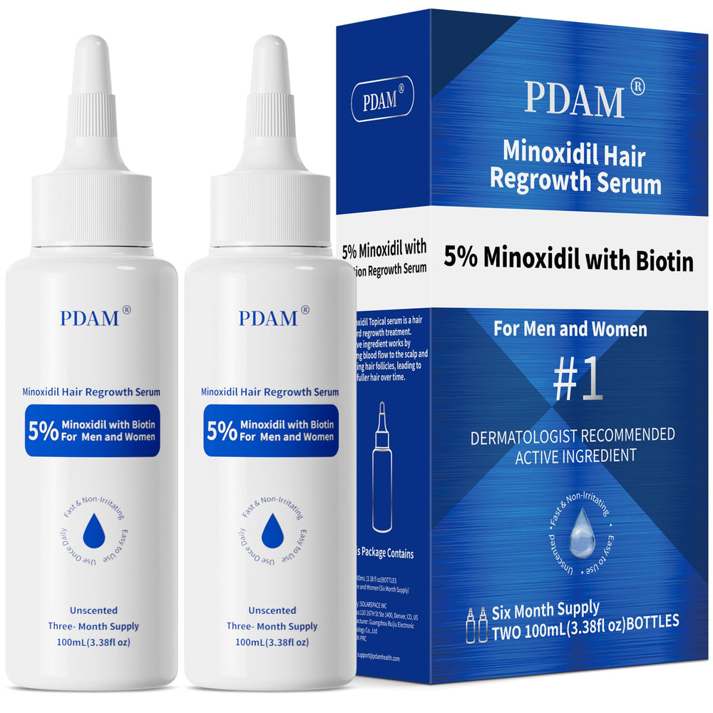 Pdam Minoxidil bottle front view highlights hair growth support