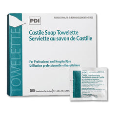PDI Castile Soap Towelette in an individual packet for convenient on-the-go cleansing.