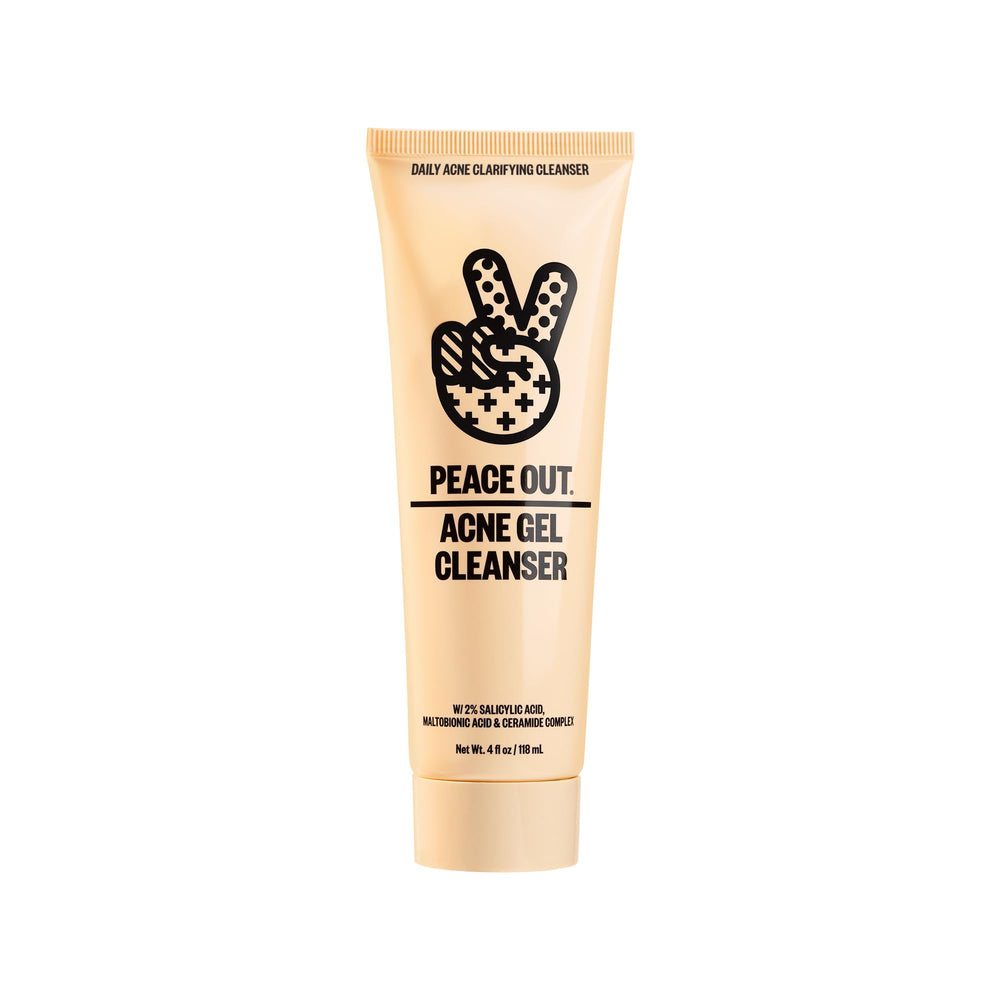 Peace Out Acne Gel Cleanser bottle front demonstrates daily acne cleansing for clearer, healthier skin.