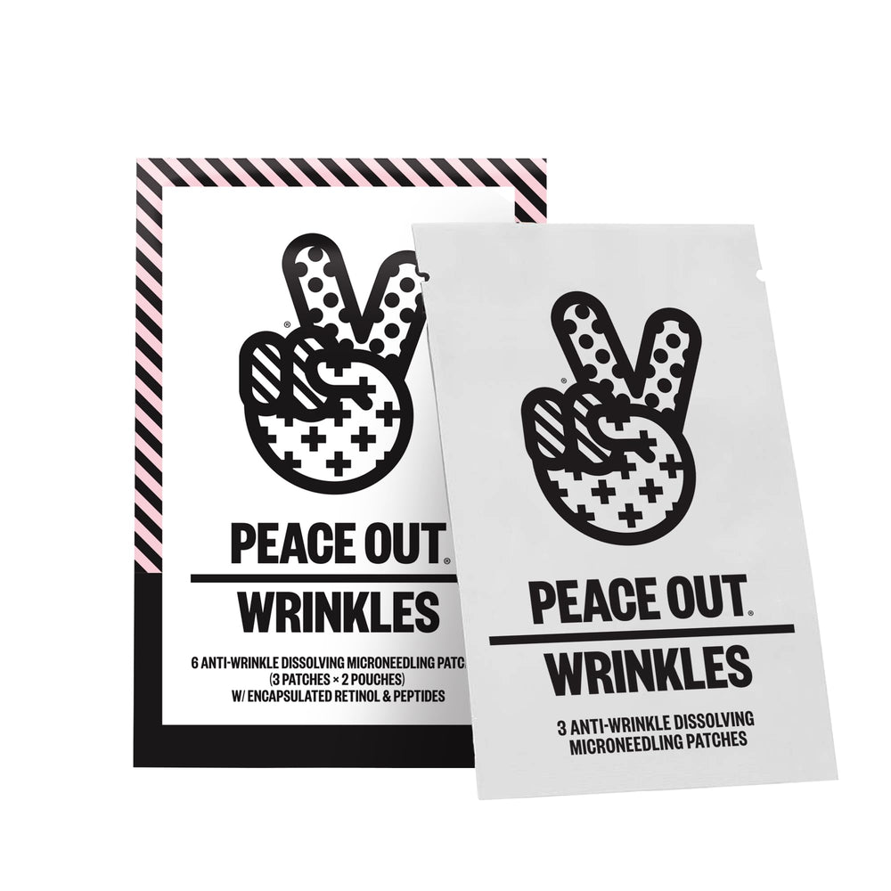 Peace Out microneedling patches applied to clean skin for overnight wrinkle smoothing.