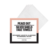 PEACE OUT Silver Shield Face Towels daily-use display emphasizes a clean skincare refresh.
