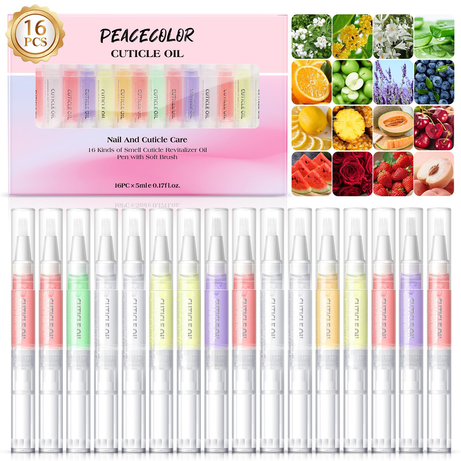 Peacecolor cuticle oil pen with 16 varieties delivers fast-absorbing nail care for on-the-go touch-ups.