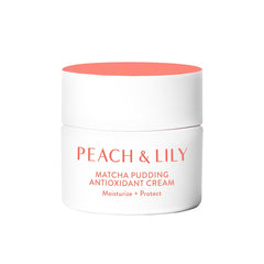 Peach & Lily Matcha Pudding jar closeup, antioxidant cream for deep hydration