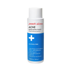 Peach Slices acne toner bottle promotes gentle exfoliation for clearer, balanced skin.