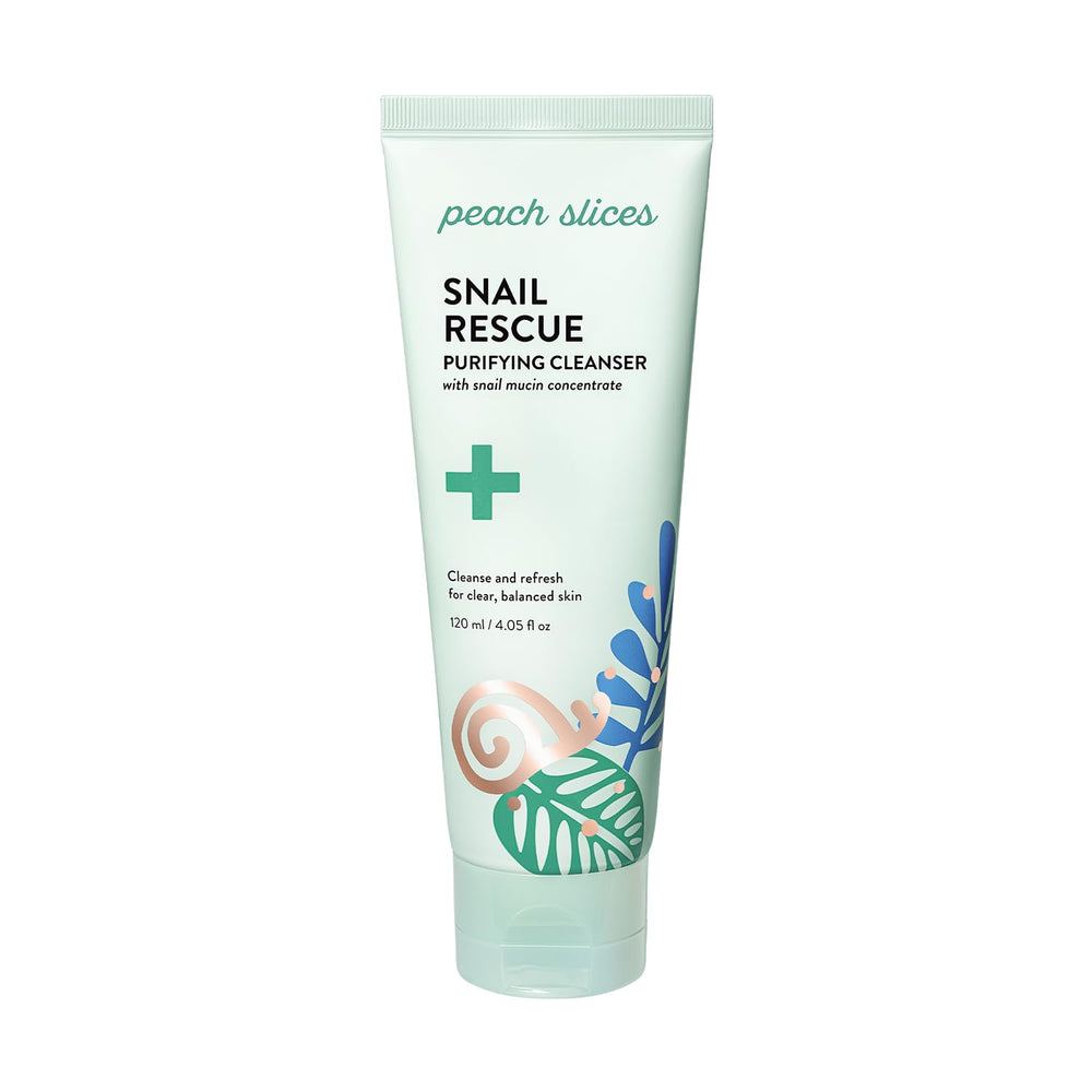 Peach Slices Snail Rescue Purifying Cleanser bottle front, gentle cleanse for balanced skin.