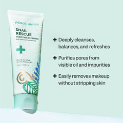 Peach Slices Snail Rescue Purifying Cleanser bottle side, vegan formula for daily use.