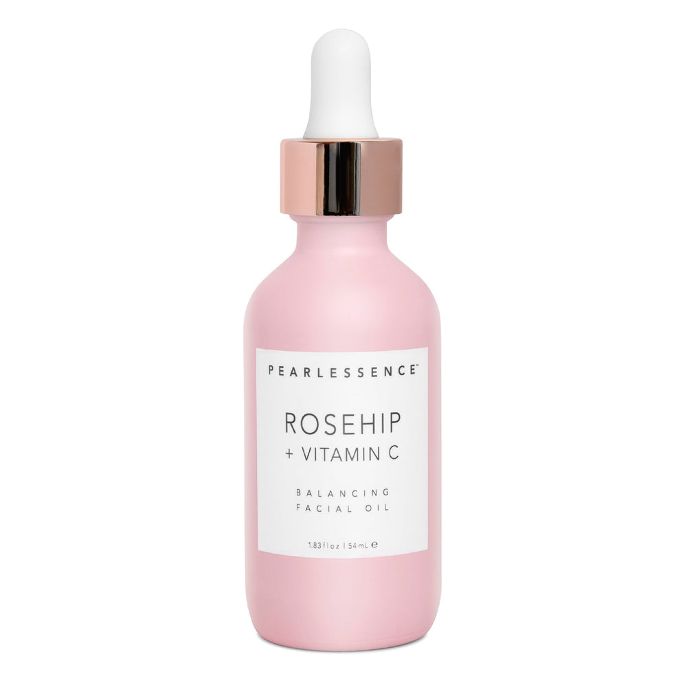Pearlessence Rosehip Balancing Oil bottle highlights hydrating serum for radiant skin.