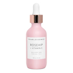 Pearlessence Rosehip Balancing Oil bottle highlights hydrating serum for radiant skin.