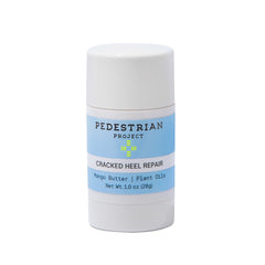 Pedestrian Project cracked heel repair balm tube packaging showing vegan, cruelty-free formula for dry feet