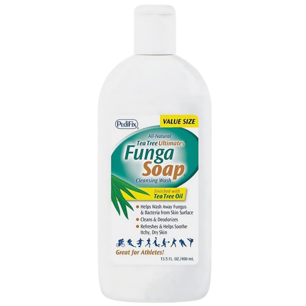 Pedifix FungaSoap tea tree bottle shows natural cleansing for daily foot and body hygiene.