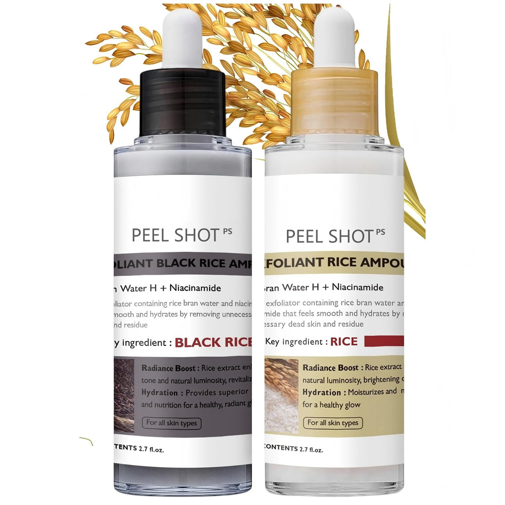 Peel Shot Glow Rice Ampoule Duo bottle close-up showing dual-action exfoliation for radiant skin