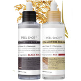 Peel Shot Glow Rice Ampoule Duo bottle close-up showing dual-action exfoliation for radiant skin