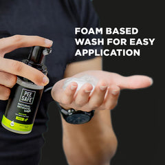 Pee Safe Mens Intimate Wash tea tree oil drop highlights refreshing cleansing moments.