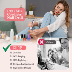 PELCAS ergonomic pen-shaped nail drill fits comfortably in hand for extended use.
