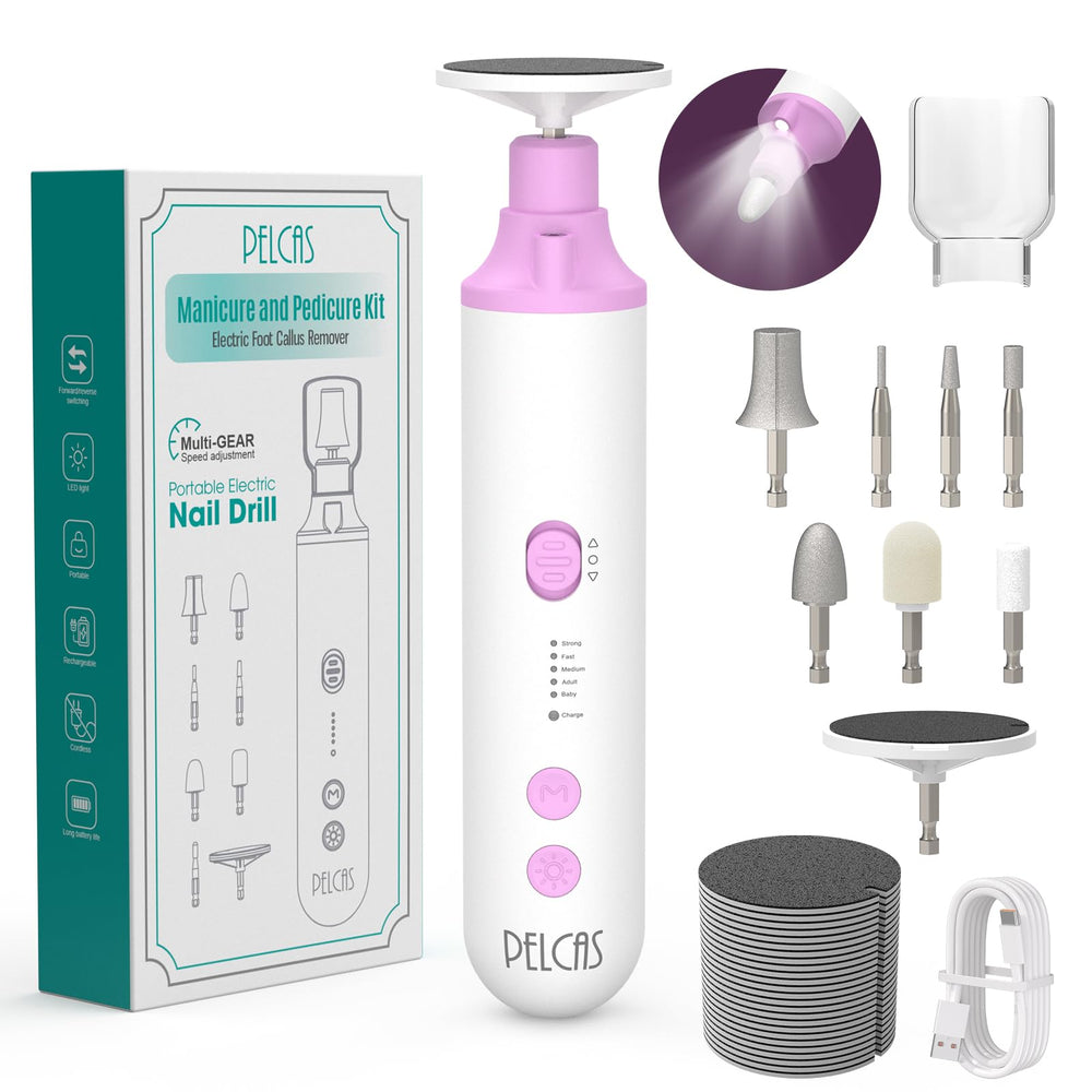 Pelcas toenail grinder 8in1 kit showing versatile bits for at-home manicure and pedicure.