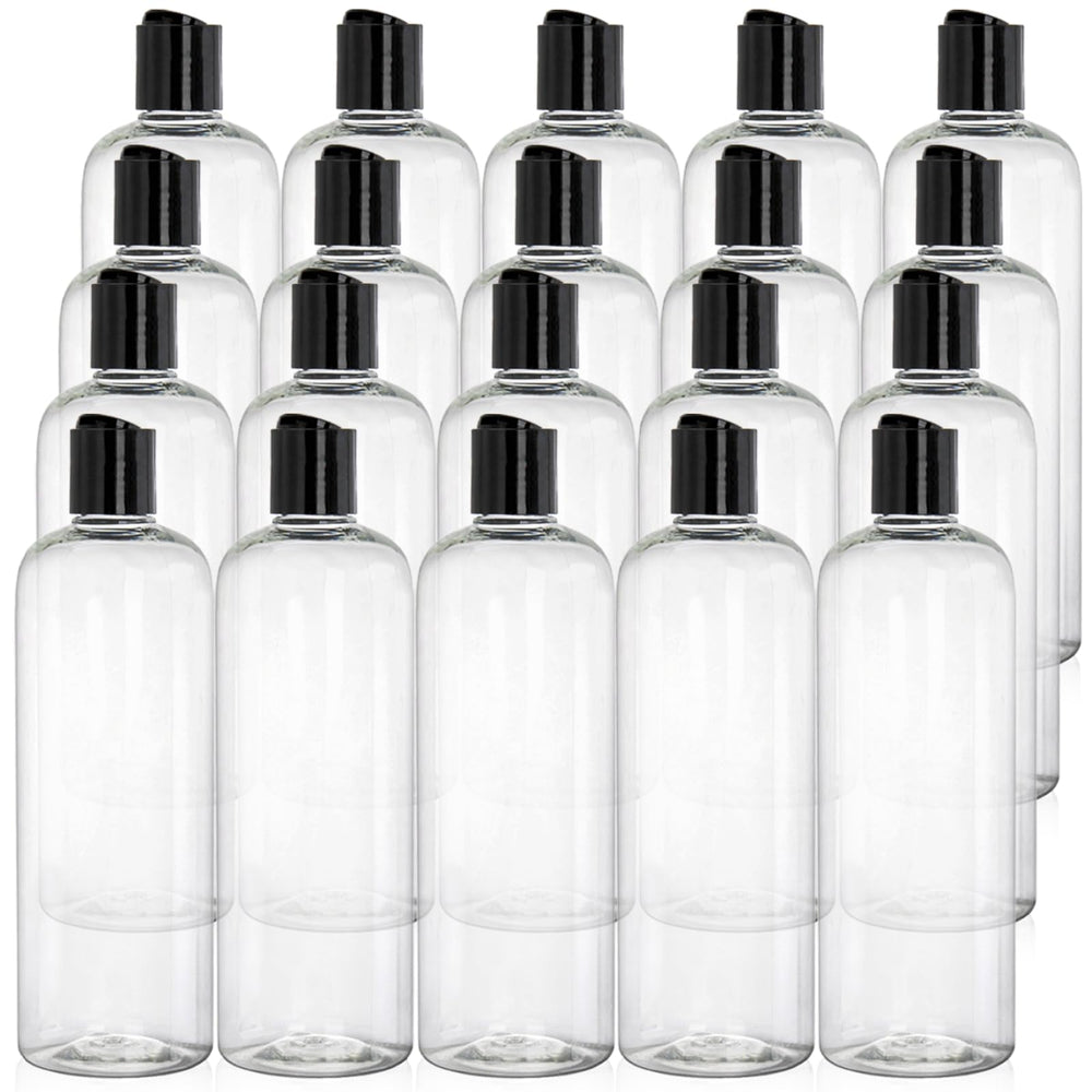 Peohud 20-pack 16oz clear bottles with disc-top caps for organized home or travel use.