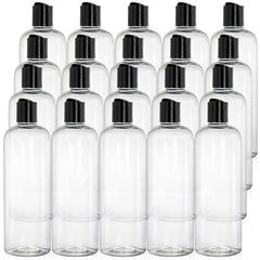 Peohud 20-pack 16oz clear bottles with disc-top caps for organized home or travel use.