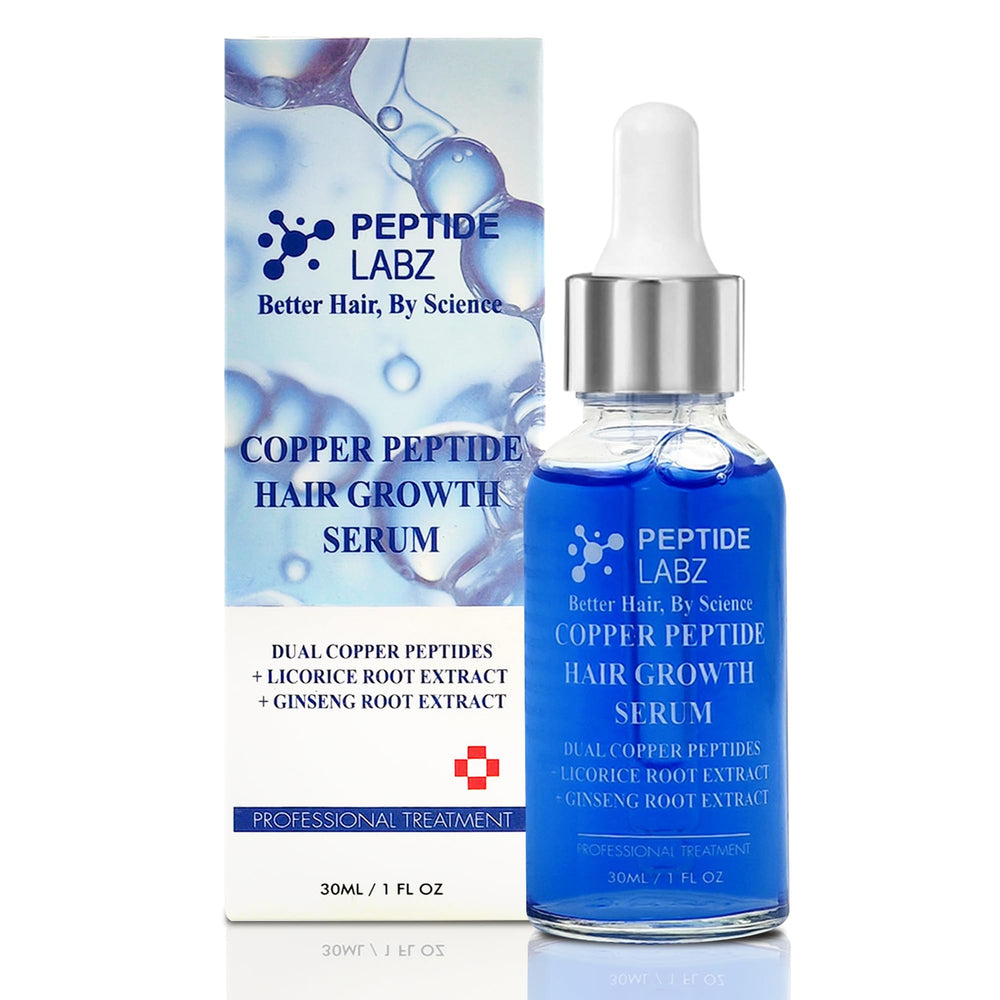PeptideLabz Copper Peptide Serum bottle for scalp application and potential hair growth support.