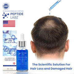 PeptideLabz Dropper dispensing drops on scalp shows easy 3 to 6 drop application.
