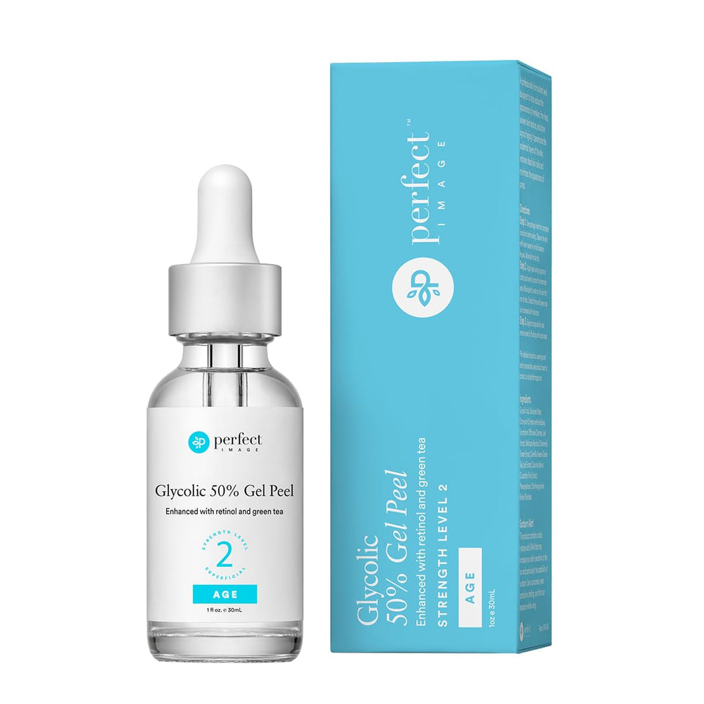 Perfect Image Glycolic 50% Gel Peel bottle shows potent exfoliation for smoother skin.