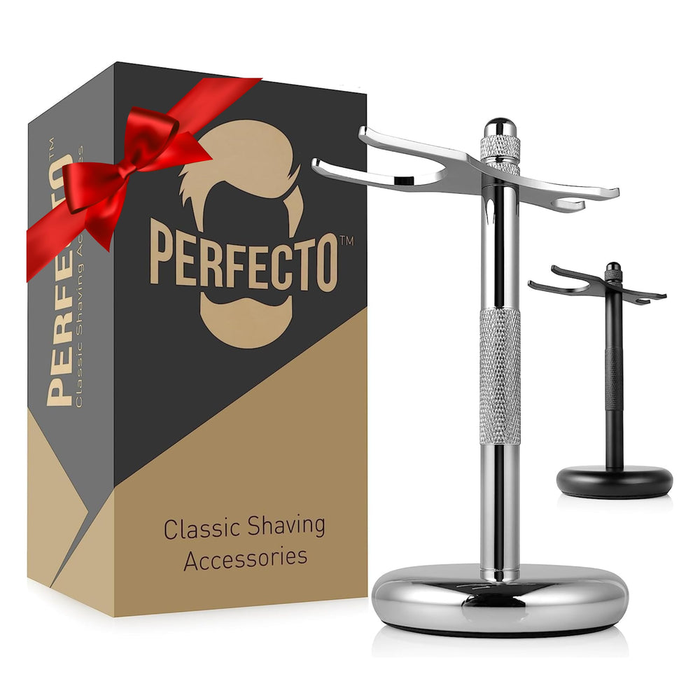 Perfecto Deluxe Chrome, vista general del soporte para afeitado y brochas