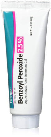 Perrigo benzoyl peroxide gel tube front view for acne care routine.
