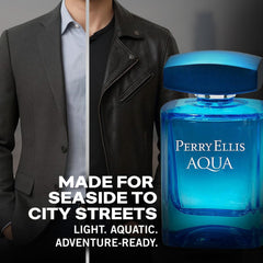 Perry Ellis Aqua base notes ambergris and musk deliver a lasting masculine finish.