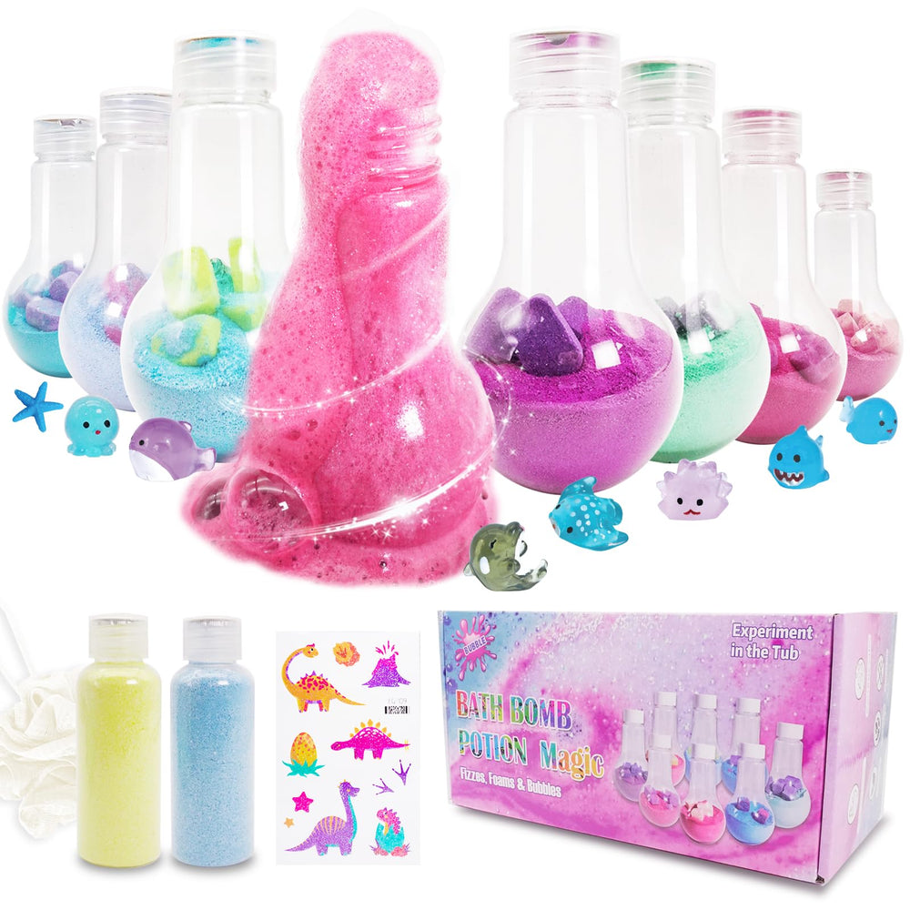 Persidra Magic Potion Kit bath tub shot highlights colorful bombs for STEM-inspired play