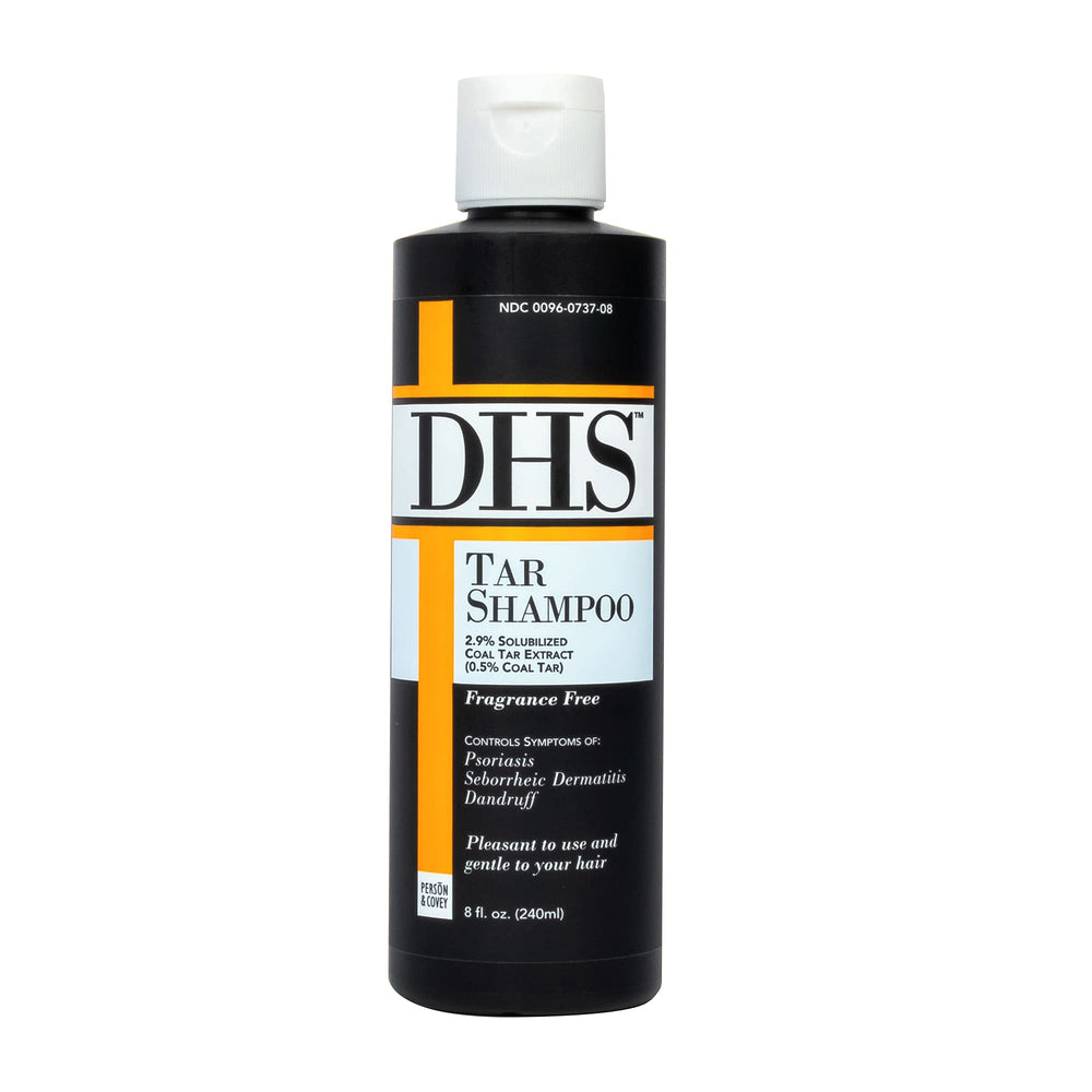 Person & Covey DHS Tar Shampoo bottle front highlighting tar blend for scalp care.