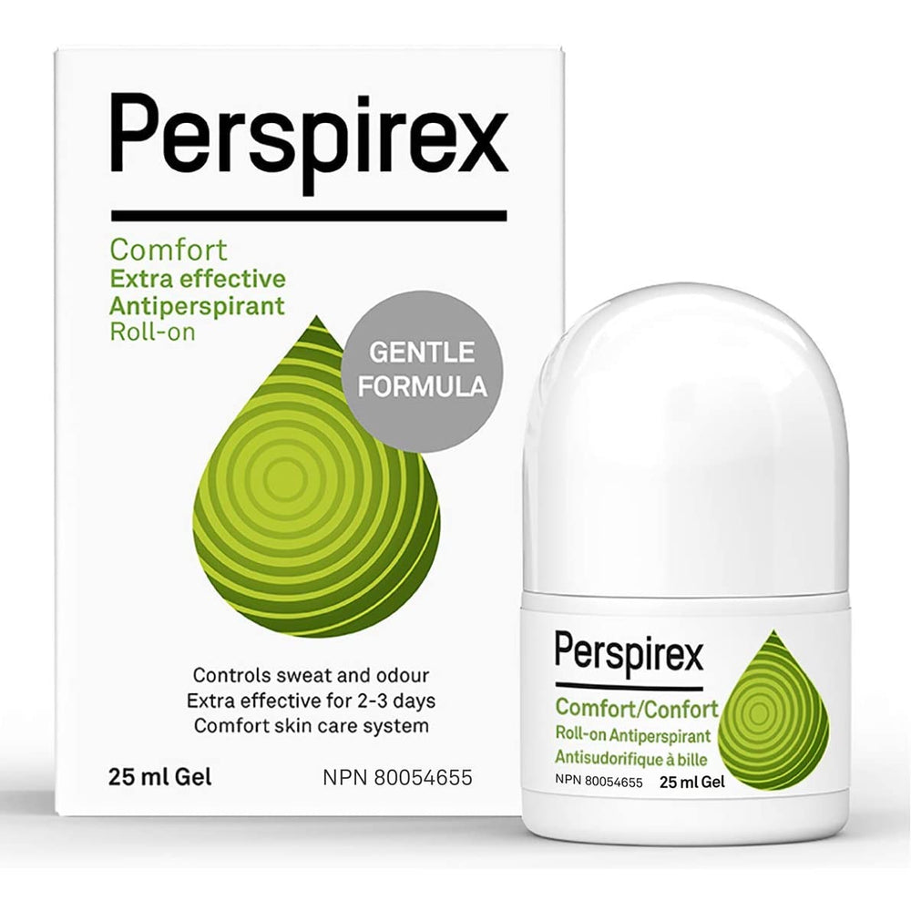 Perspirex Comfort roll-on bottle shows long-lasting protection for daily activities.