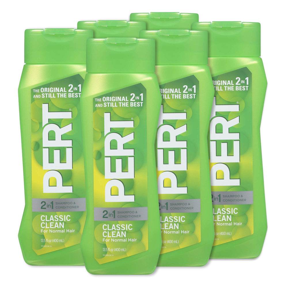 Pert Classic Clean 2-in-1 bottle on shelf for quick shower routine.