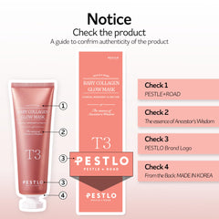 PESTLO Baby Collagen Glow Mask ingredients panel highlights REALLAGEN T-3 collagen