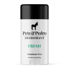 Pete & Pedro Fresh outer box shows aluminum-free deodorant packaging and scent