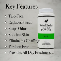 Pete & Pedro Body & Ball Powder Fresh dispenser area shows easy scoop and quick absorption.