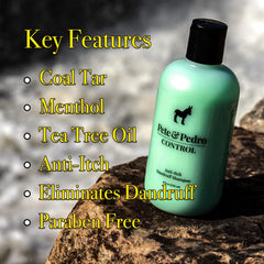 Pete & Pedro CONTROL bottle in hand illustrating coal tar strength for dandruff control