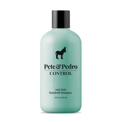 Pete & Pedro CONTROL shampoo bottle close-up showing medicated formula for flaky scalp relief