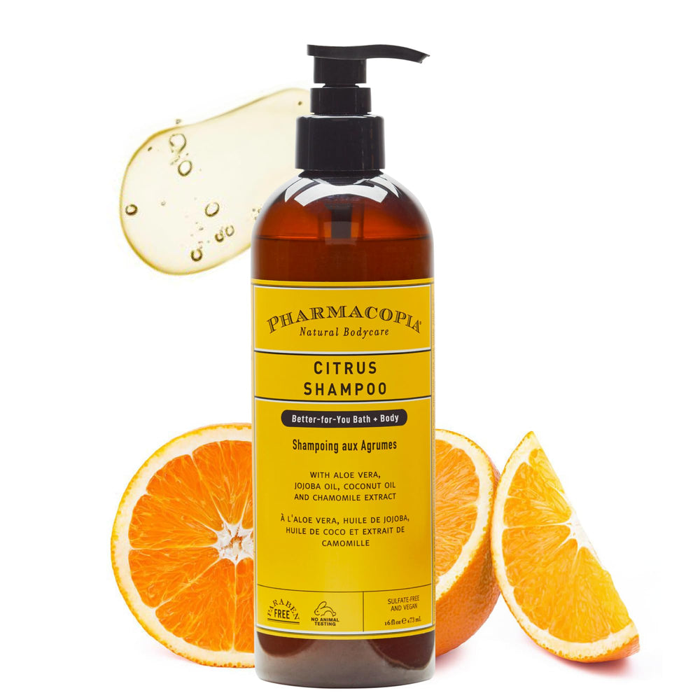 Pharmacopia Citrus Shampoo bottle front with bright citrus scent for a refreshing scalp cleanse
