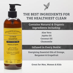 Pharmacopia Citrus Shampoo with jojoba oil highlighting balanced moisture and shine