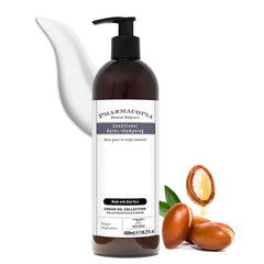 Pharmacopia Hotel Argan Oil Conditioner bottle closeup shows natural hydration for hair