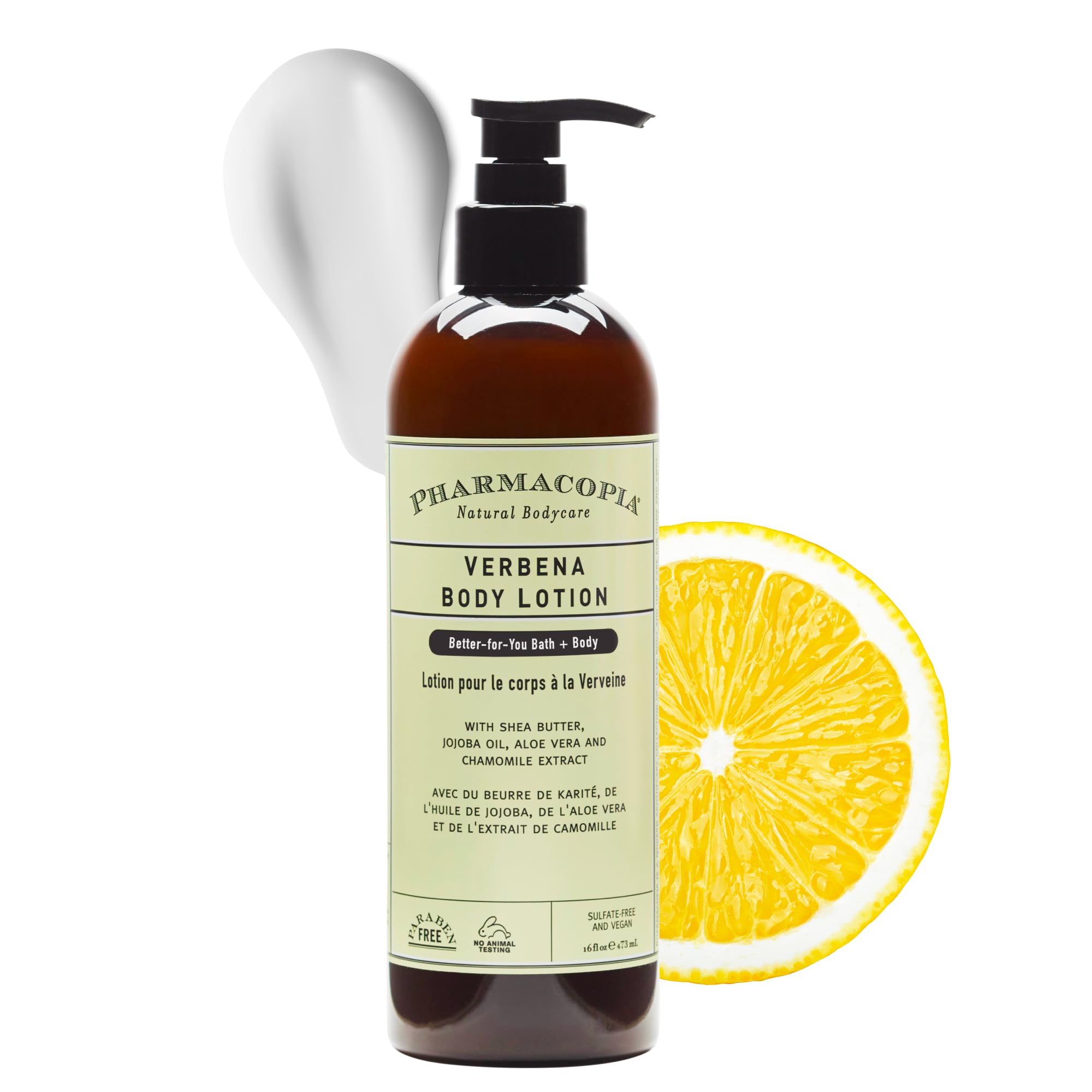 Pharmacopia Verbena Lotion bottle demonstrates hydrating skin after shower