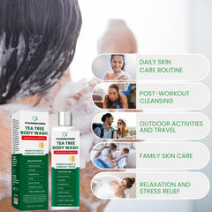 PHARMBANNER Tea Tree Body Wash lather pump demonstrates rich foaming cleansing.