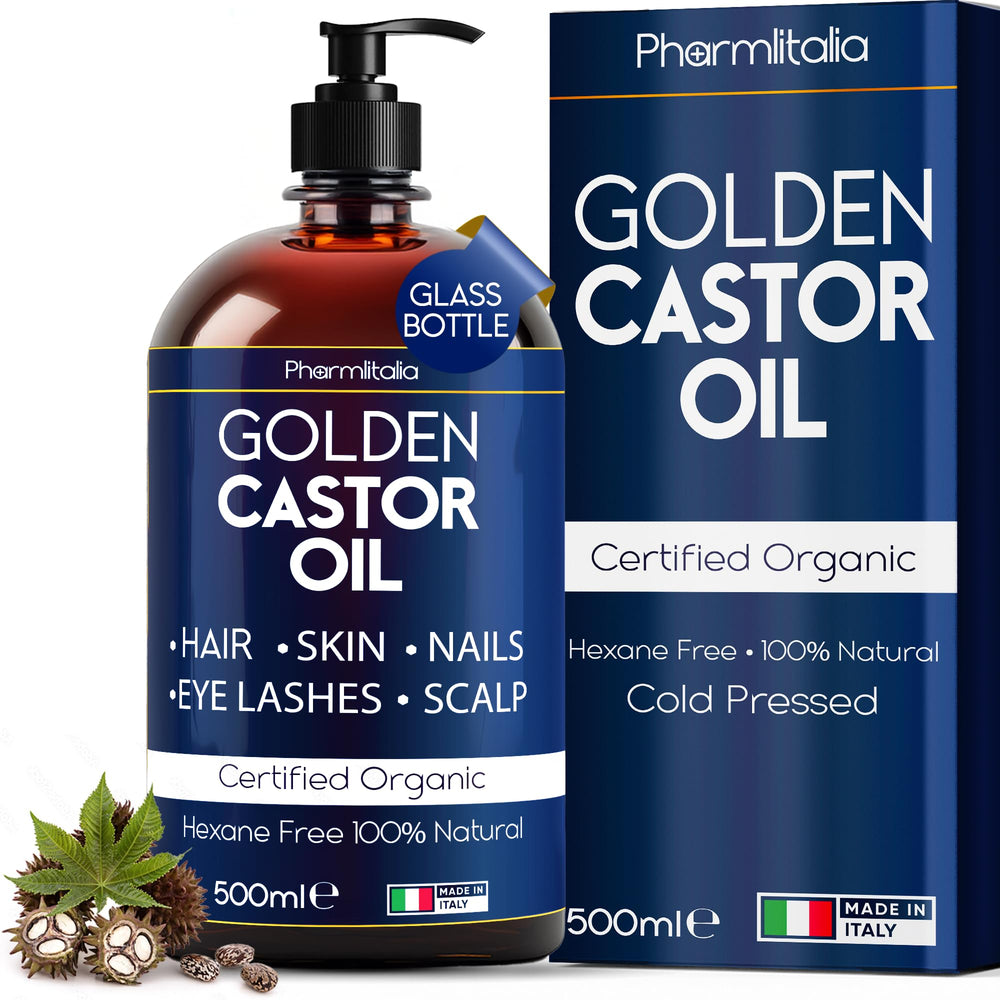 Pharmlitalia caster oil amber glass bottle protects freshness for hair care.