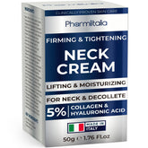Pharmlitalia neck cream bottle shows firming neck skin benefits