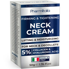 Pharmlitalia neck cream bottle shows firming neck skin benefits