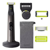 Philips Norelco OneBlade Pro digital display shows battery status for ready grooming.