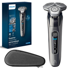 Philips Rechargeable Shaver Series 9000 front view shows sleek silver design for a gentle shave