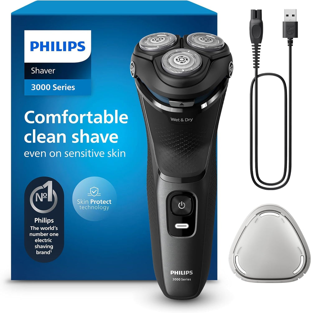 Philips Shaver 3000 front view shows ergonomic design for comfortable dry or wet shaving